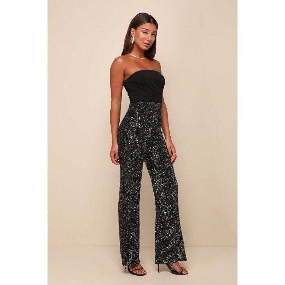 Lulus Marvelous Fun Black Sequin Strapless Straight Leg Jumpsuit - Size XL